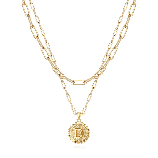 Gold Initial Necklaces for Women Dainty Layering Paperclip Link Chain Necklace Coin Initial Layered Gold Necklaces for Women