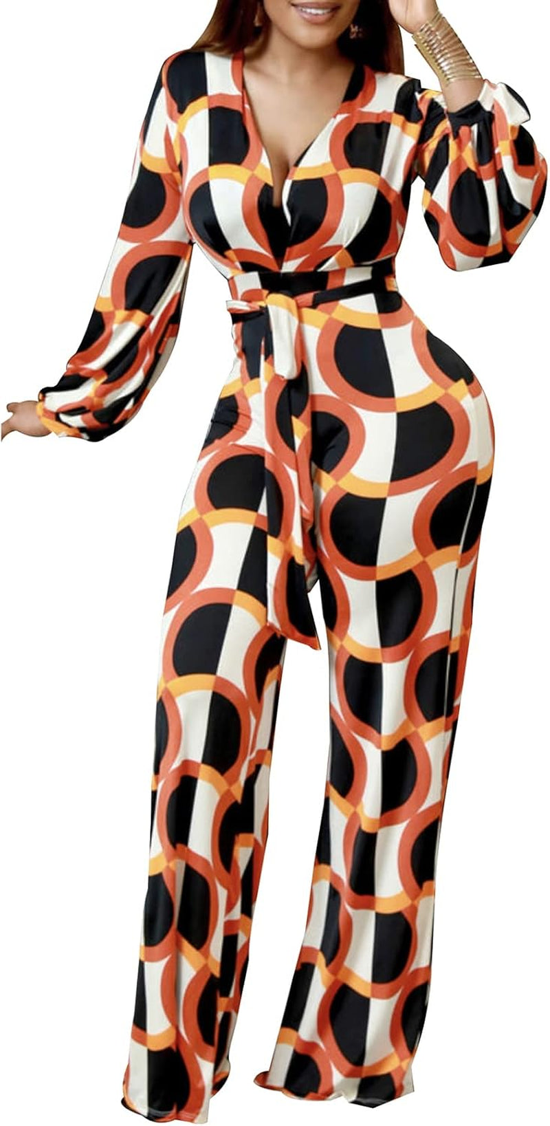 Women'S Sexy Floral Print Elegant One Piece Clubwear Deep V Neck Long Sleeve Casual Jumpsuits