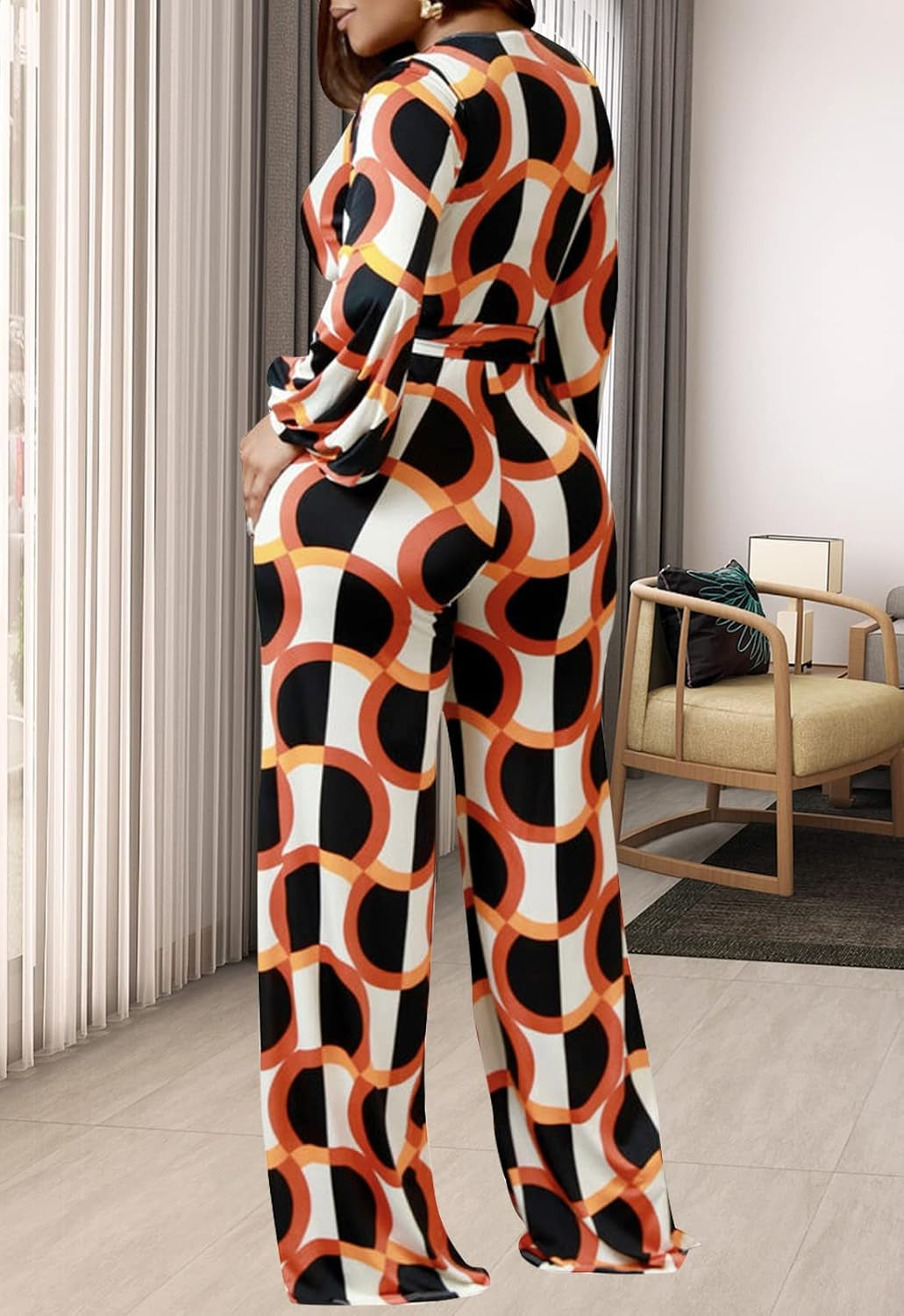 Women'S Sexy Floral Print Elegant One Piece Clubwear Deep V Neck Long Sleeve Casual Jumpsuits