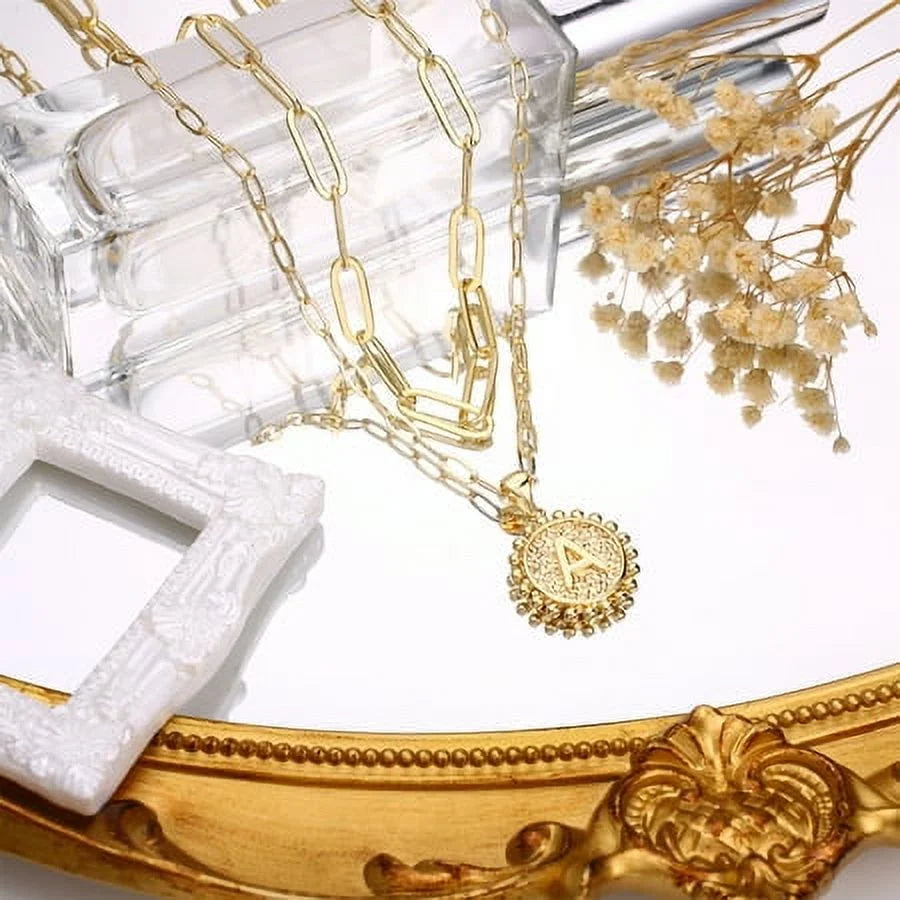 Gold Initial Necklaces for Women Dainty Layering Paperclip Link Chain Necklace Coin Initial Layered Gold Necklaces for Women