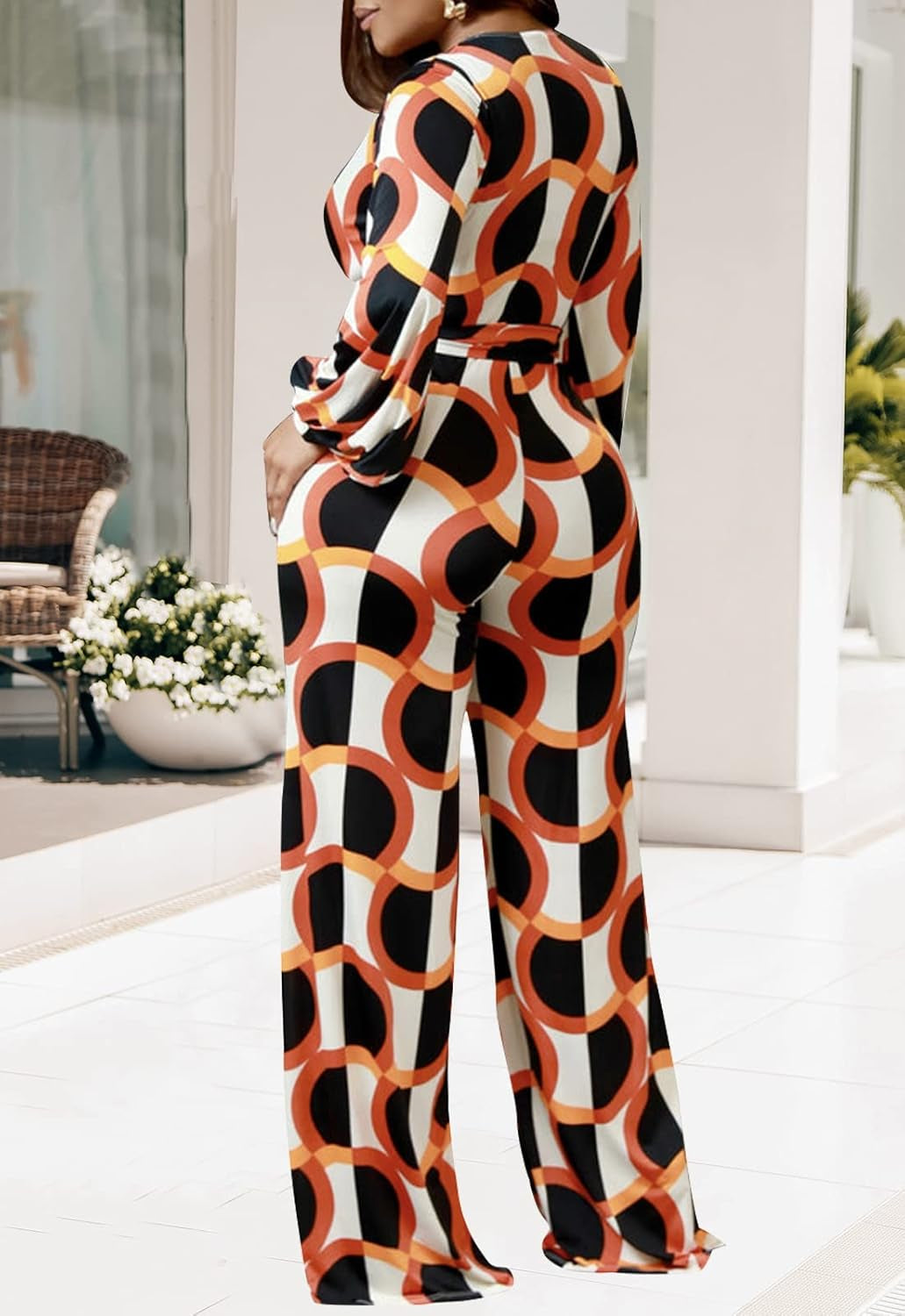 Women'S Sexy Floral Print Elegant One Piece Clubwear Deep V Neck Long Sleeve Casual Jumpsuits