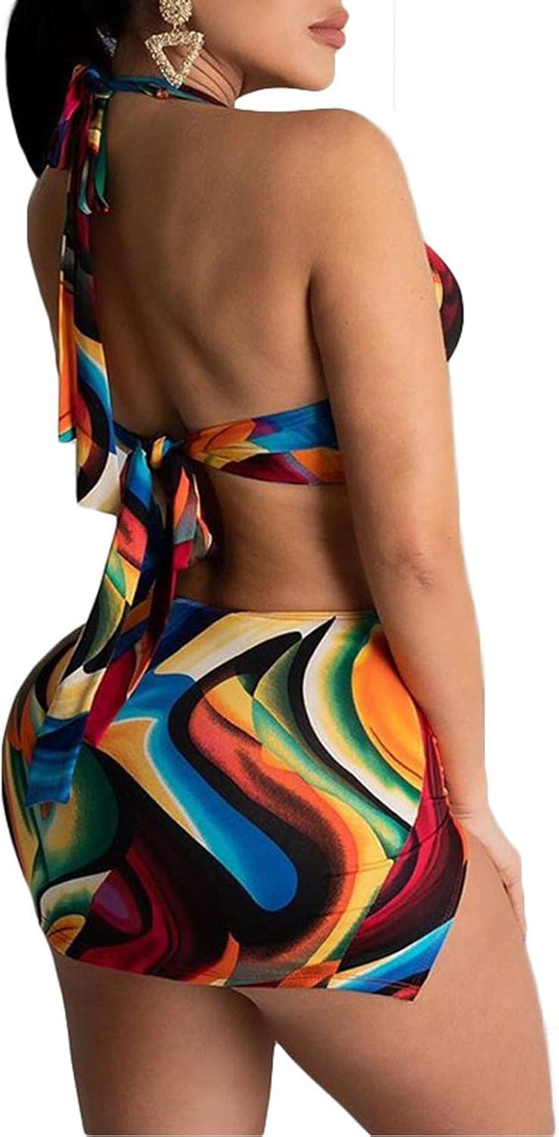 Women Sexy Printed Mini Swimwear Dress- Sexy Crisscross V Neck Sleeveless Backless Club One Piece Mini Dress Colorful XL