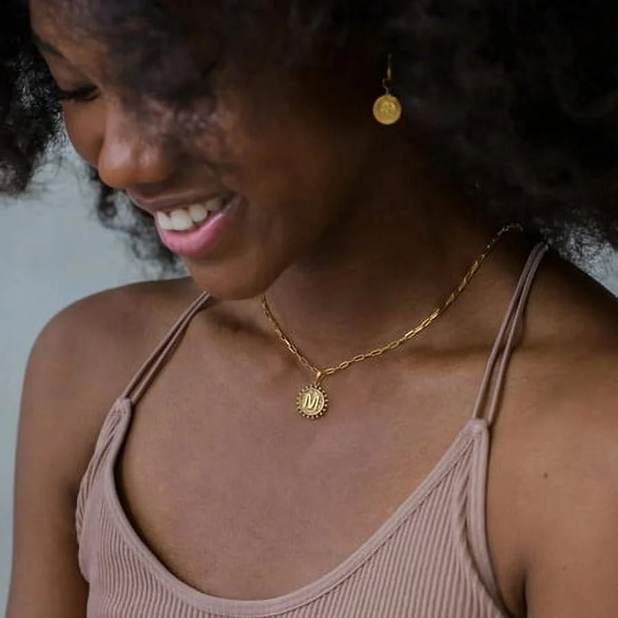 Gold Initial Necklaces for Women Dainty Layering Paperclip Link Chain Necklace Coin Initial Layered Gold Necklaces for Women