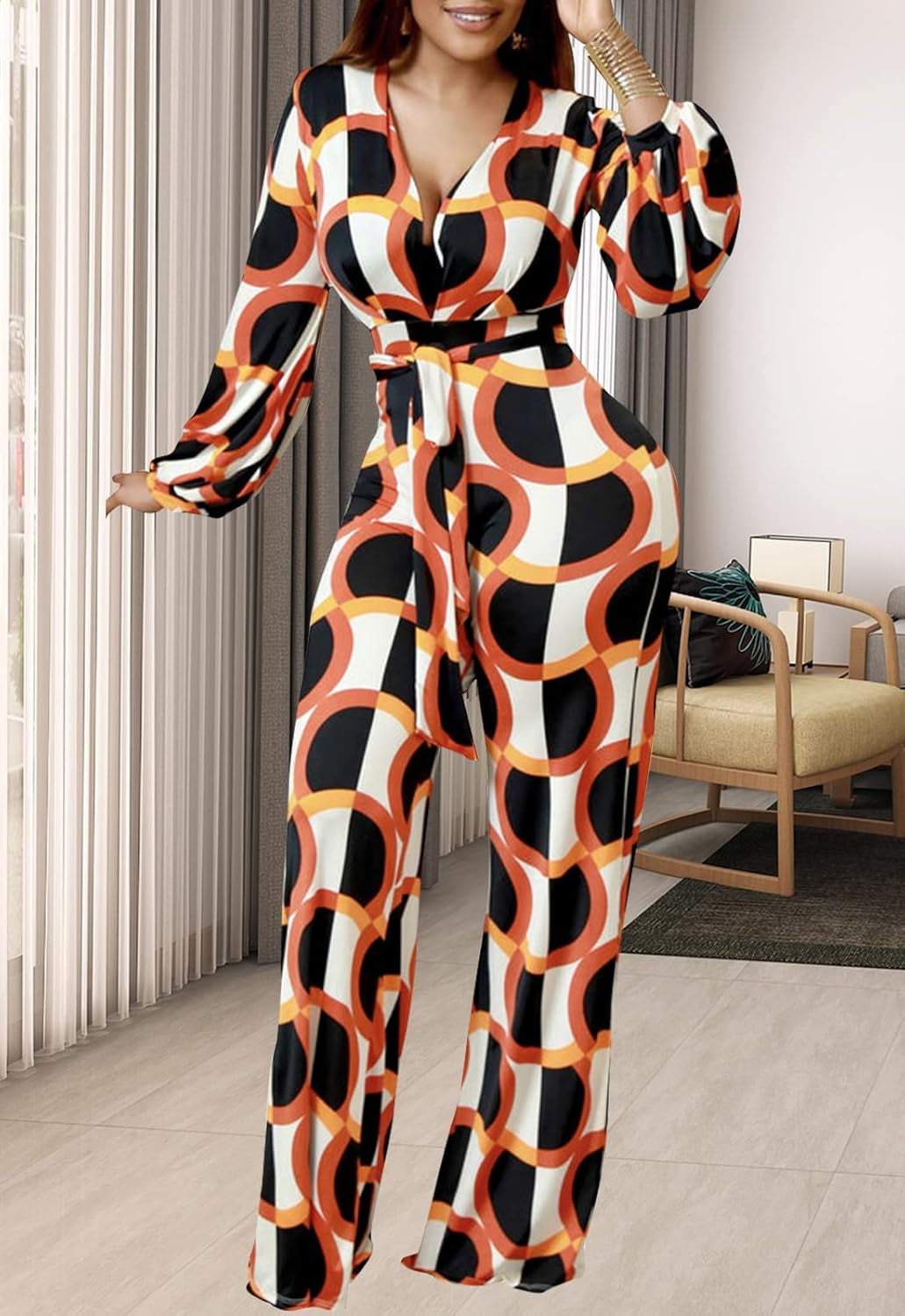 Women'S Sexy Floral Print Elegant One Piece Clubwear Deep V Neck Long Sleeve Casual Jumpsuits