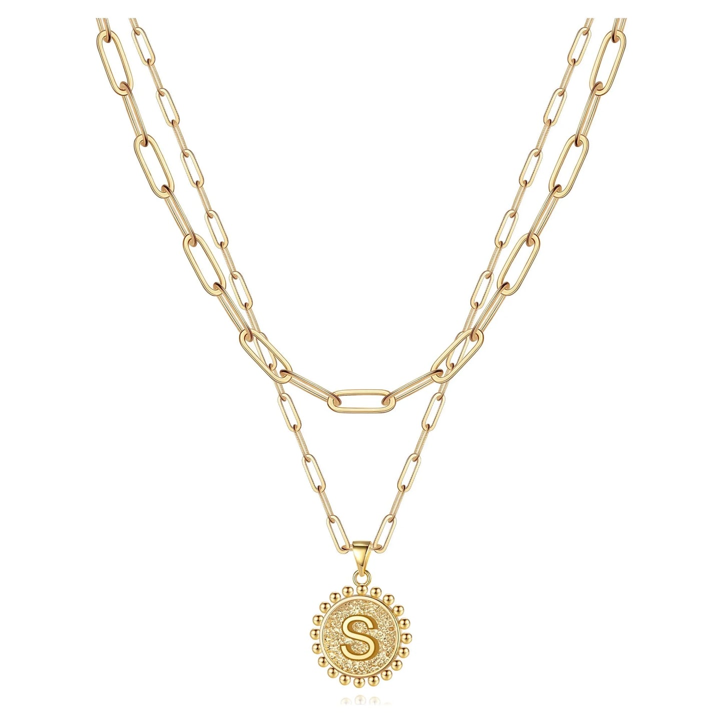 Gold Initial Necklaces for Women Dainty Layering Paperclip Link Chain Necklace Coin Initial Layered Gold Necklaces for Women