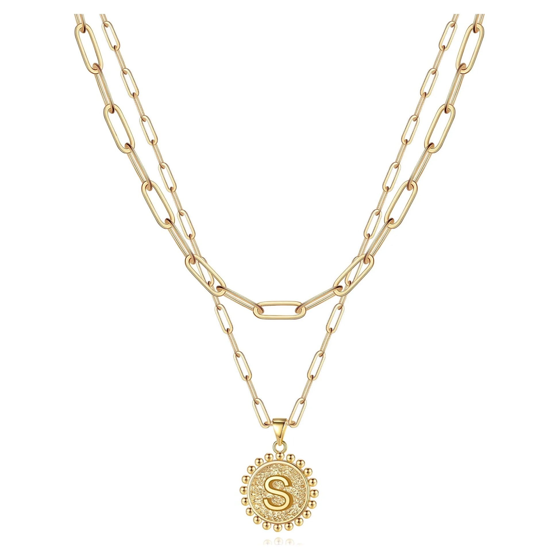 Gold Initial Necklaces for Women Dainty Layering Paperclip Link Chain Necklace Coin Initial Layered Gold Necklaces for Women