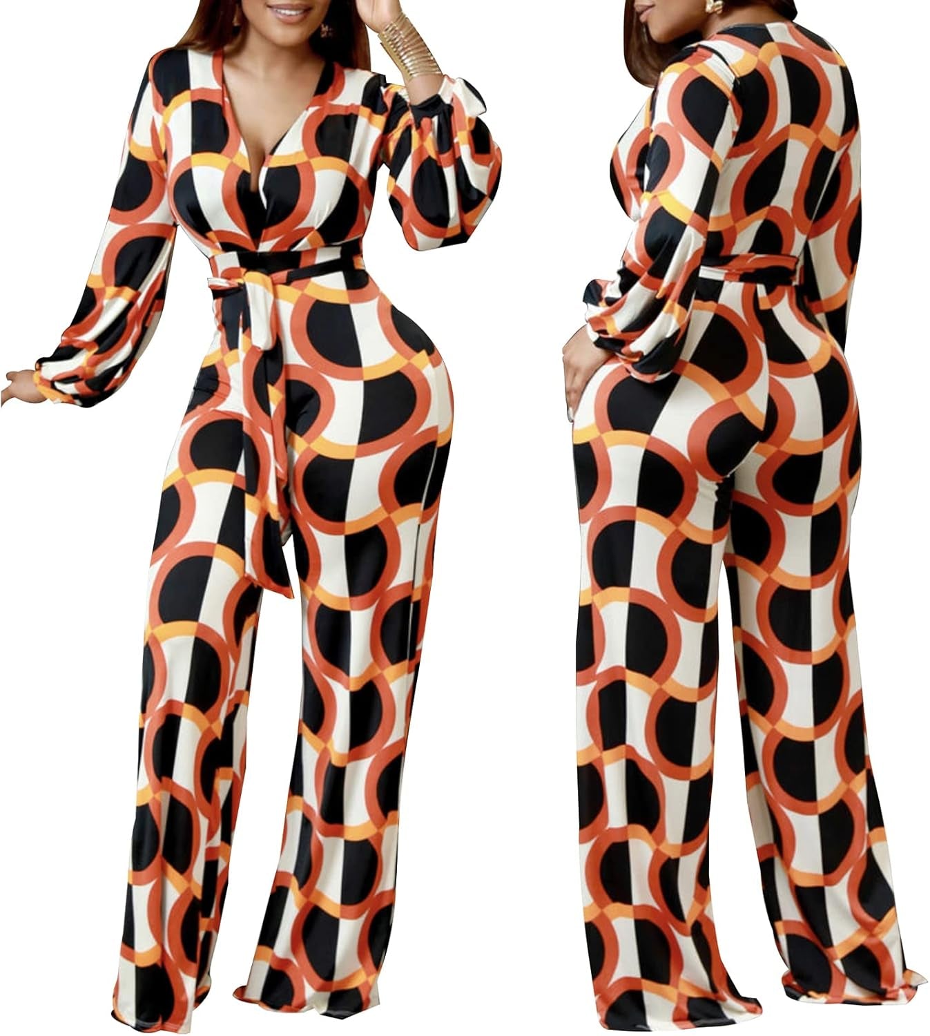 Women'S Sexy Floral Print Elegant One Piece Clubwear Deep V Neck Long Sleeve Casual Jumpsuits