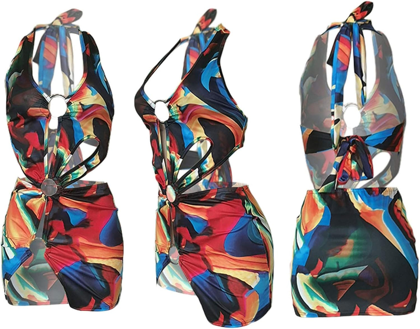 Women Sexy Printed Mini Swimwear Dress- Sexy Crisscross V Neck Sleeveless Backless Club One Piece Mini Dress Colorful XL