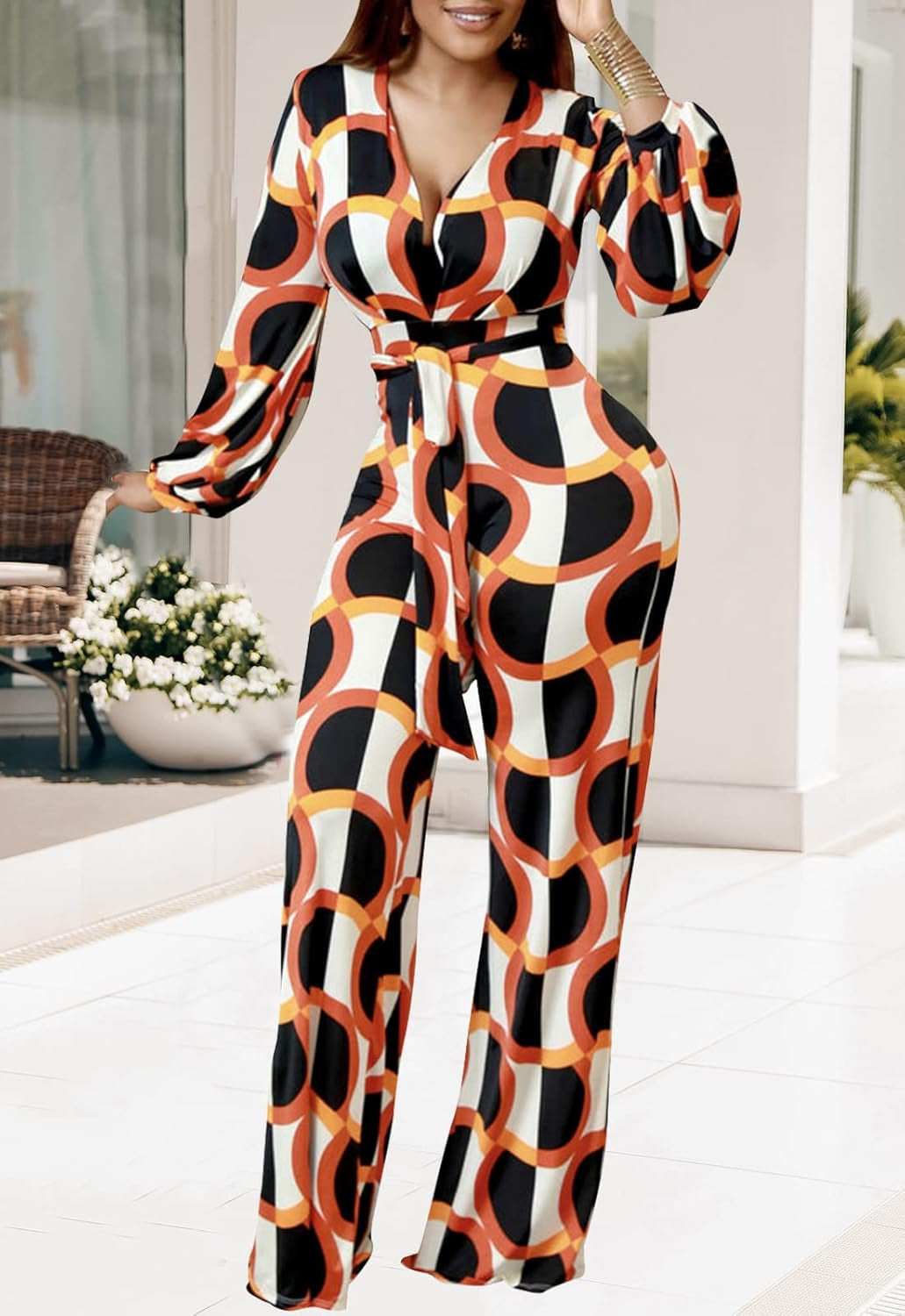 Women'S Sexy Floral Print Elegant One Piece Clubwear Deep V Neck Long Sleeve Casual Jumpsuits