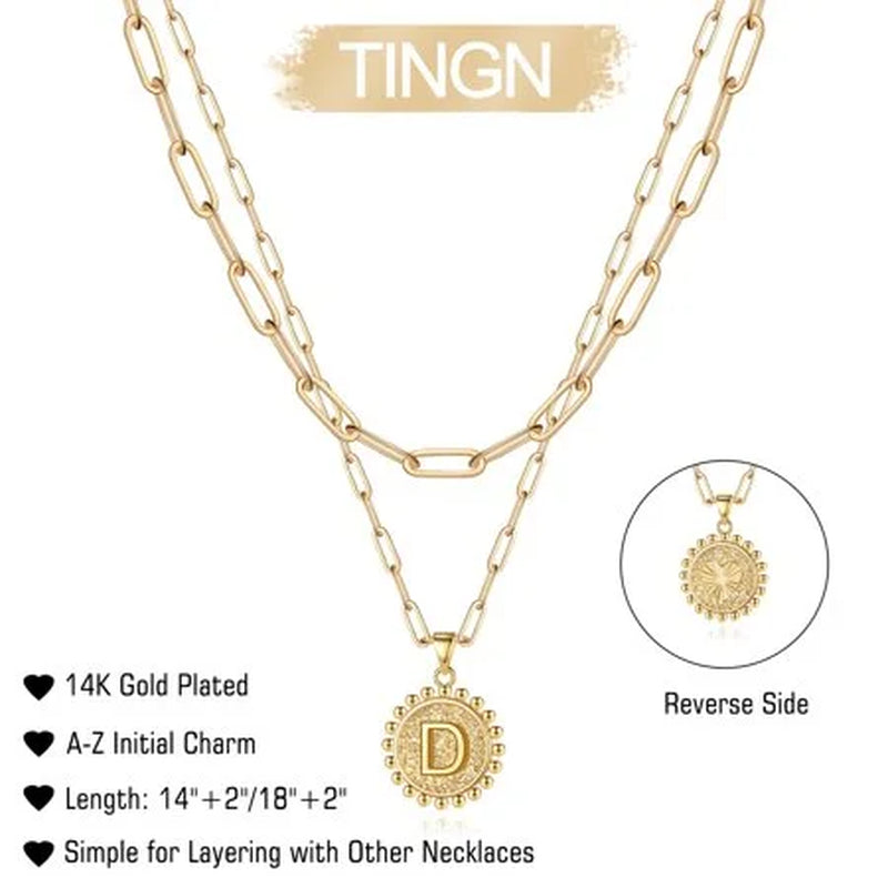 Gold Initial Necklaces for Women Dainty Layering Paperclip Link Chain Necklace Coin Initial Layered Gold Necklaces for Women