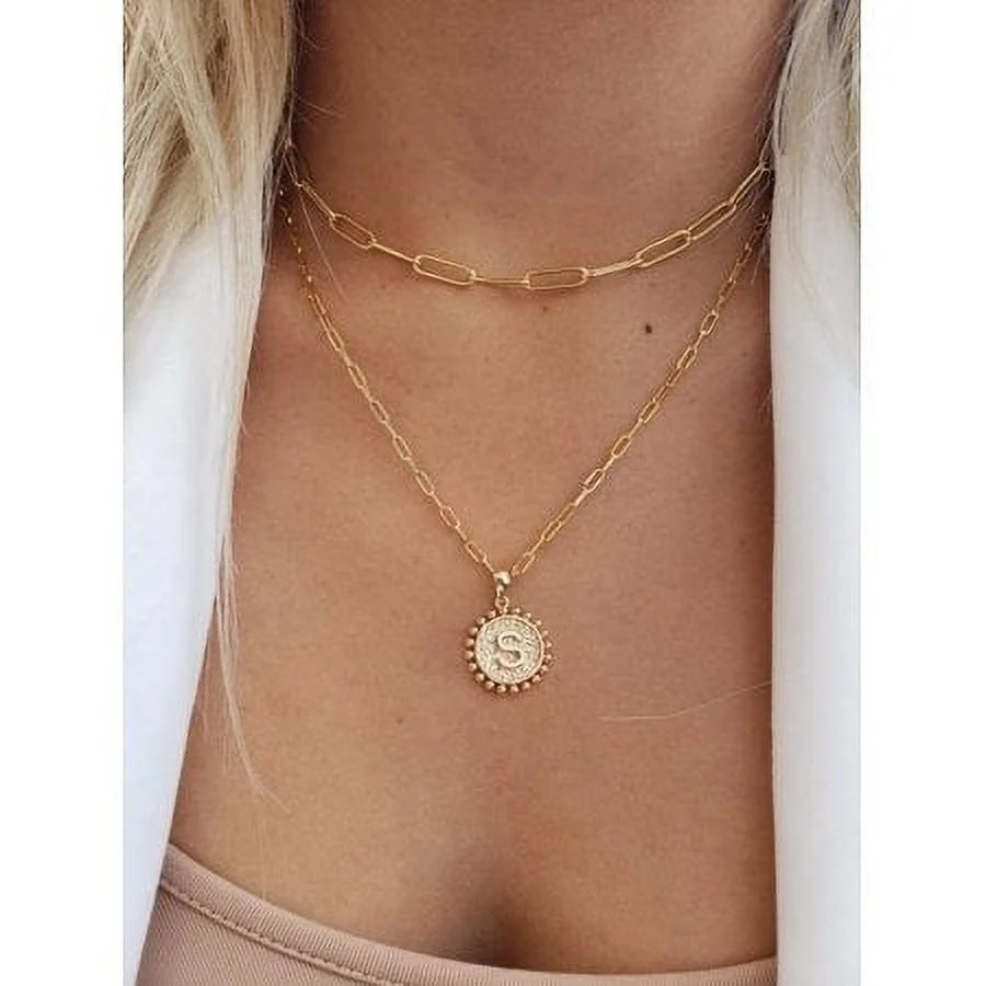 Gold Initial Necklaces for Women Dainty Layering Paperclip Link Chain Necklace Coin Initial Layered Gold Necklaces for Women