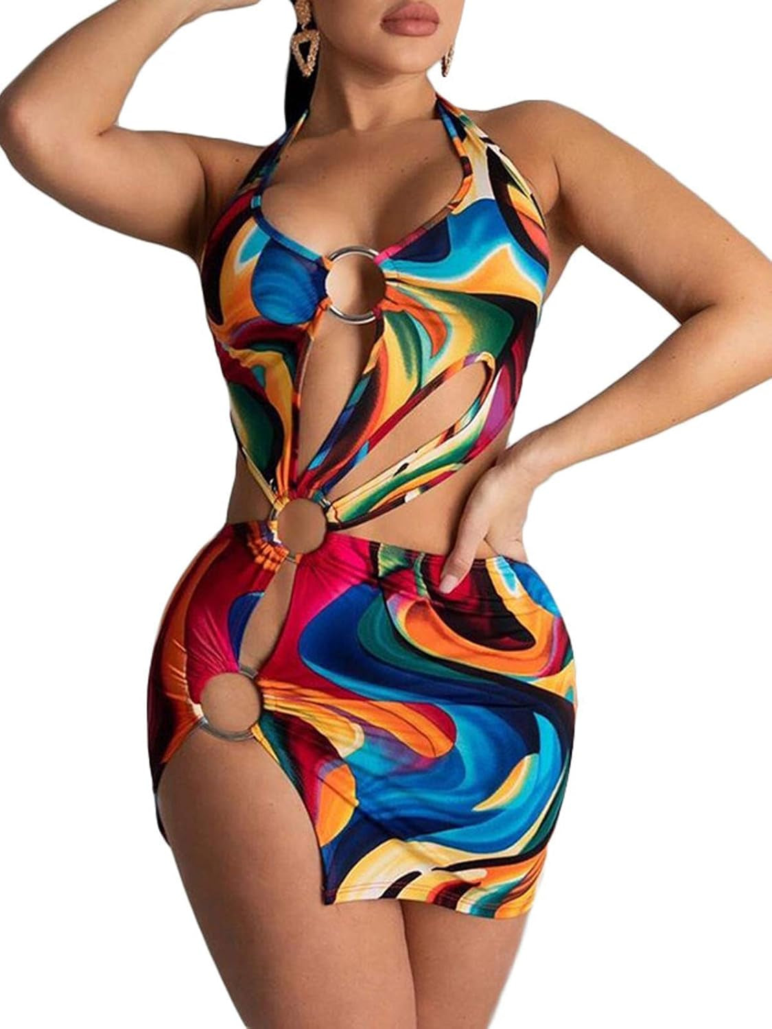 Women Sexy Printed Mini Swimwear Dress- Sexy Crisscross V Neck Sleeveless Backless Club One Piece Mini Dress Colorful XL