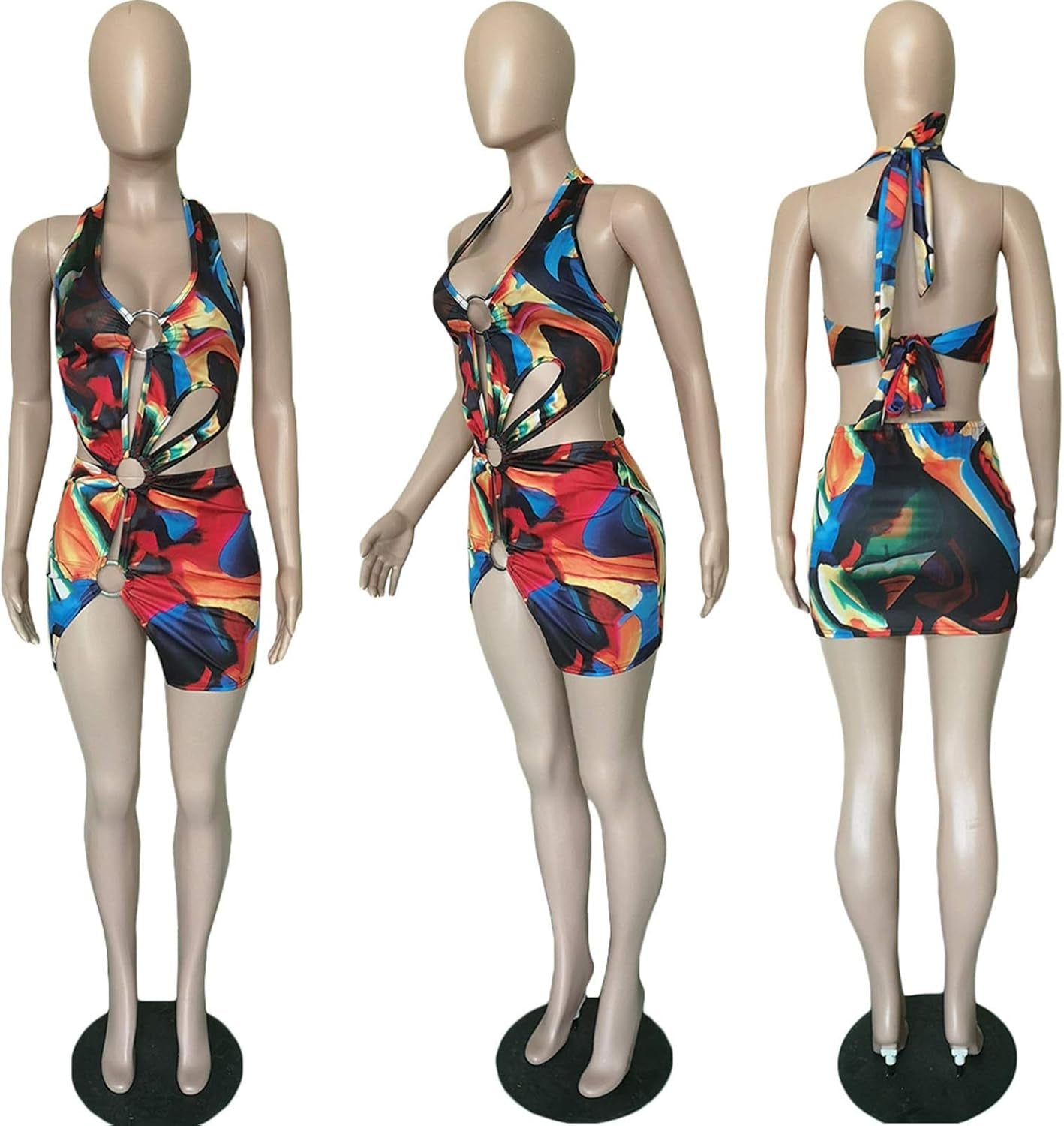 Women Sexy Printed Mini Swimwear Dress- Sexy Crisscross V Neck Sleeveless Backless Club One Piece Mini Dress Colorful XL
